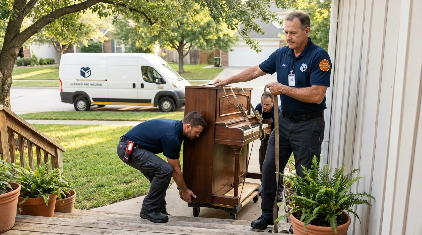 Licensed piano movers securing grand piano in Stottville, NY