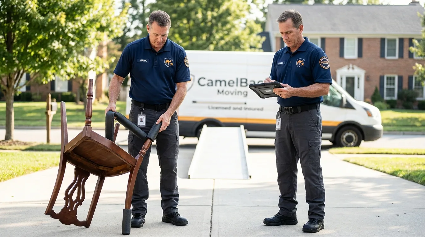 Movers inspecting furniture for damage prevention before loading in Stottville, NY
