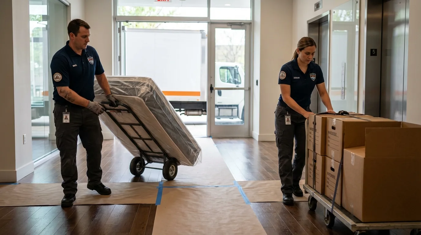 Professional apartment movers loading elevator in Stottville, NY
