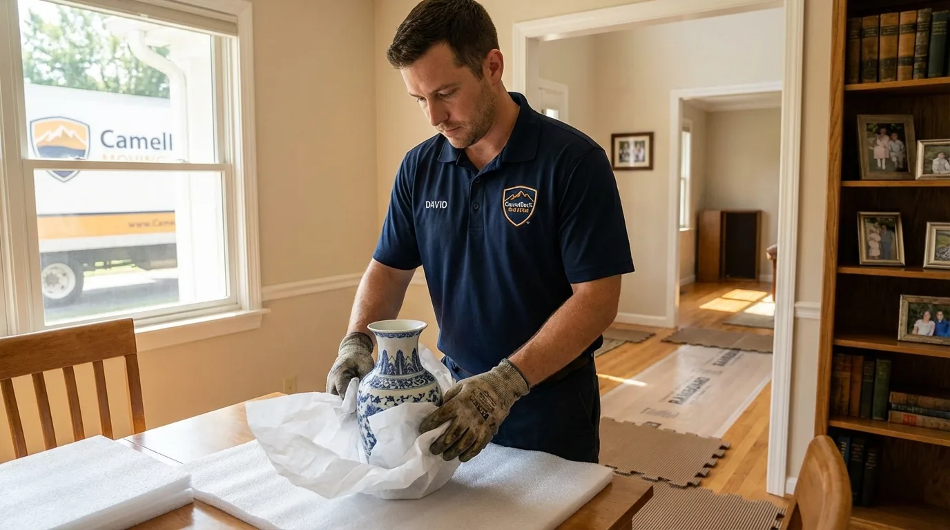 Professional crew carefully wrapping antique vase for senior downsizing move in Stottville, NY