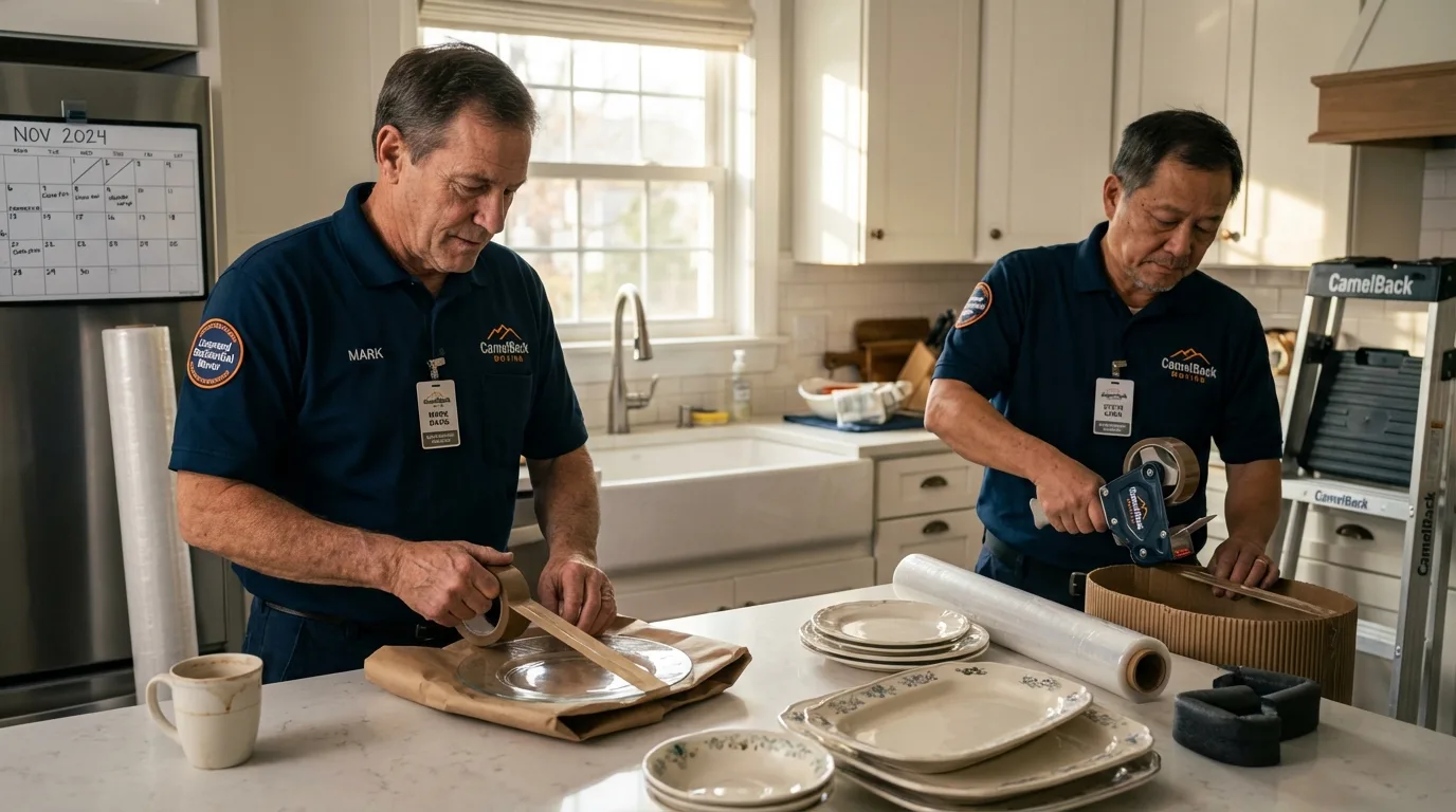 Professional crew packing kitchen dishware in Stottville, NY